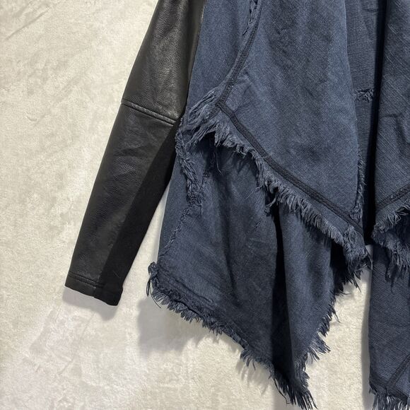 BlankNYC Drape Front Mixed Media Denim Vegan Leather Fringe Jacket Size Medium - Picture 3 of 15